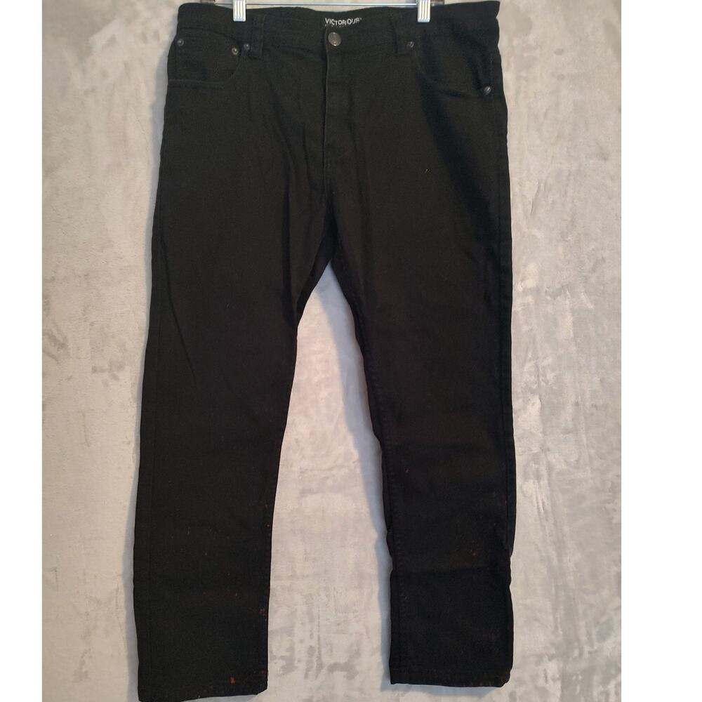Victorious Men's Black Jeans W38 x L30 Distressed Paint Splatter 5 Pocket Design